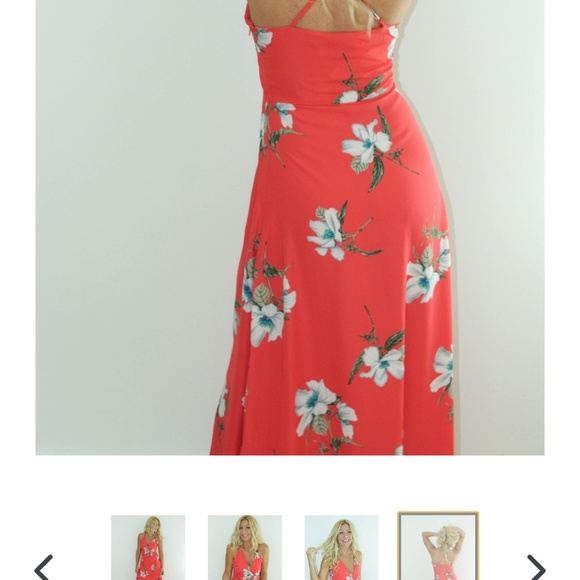 Red floral maxi summer sun dress cross back - Picture 2 of 4
